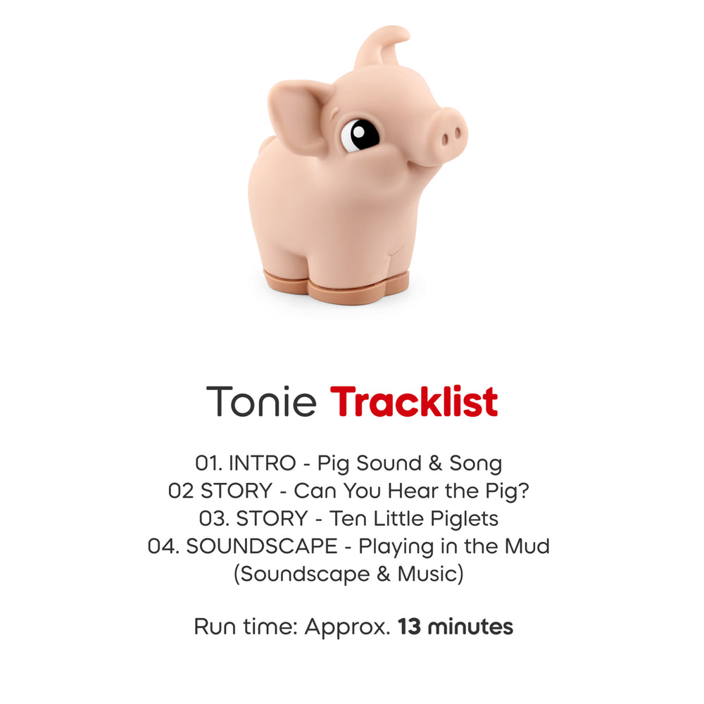 Tonie pig toy with a tracklist on a white background