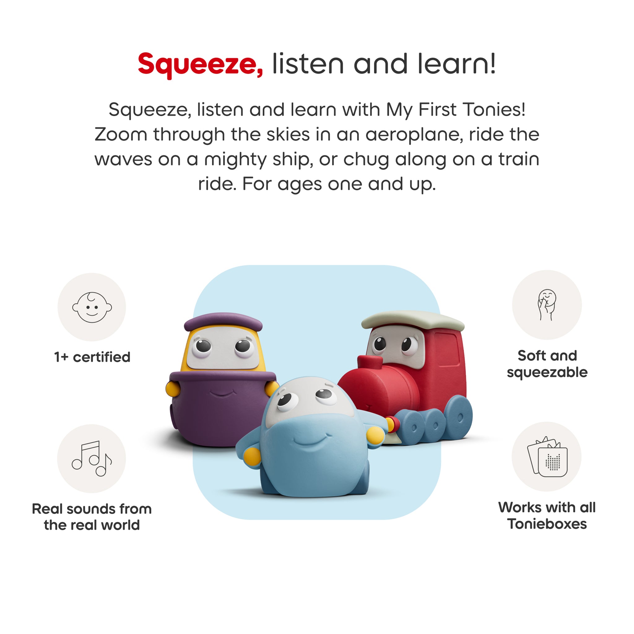 My First Tonies toys with text describing features and uses on a white background