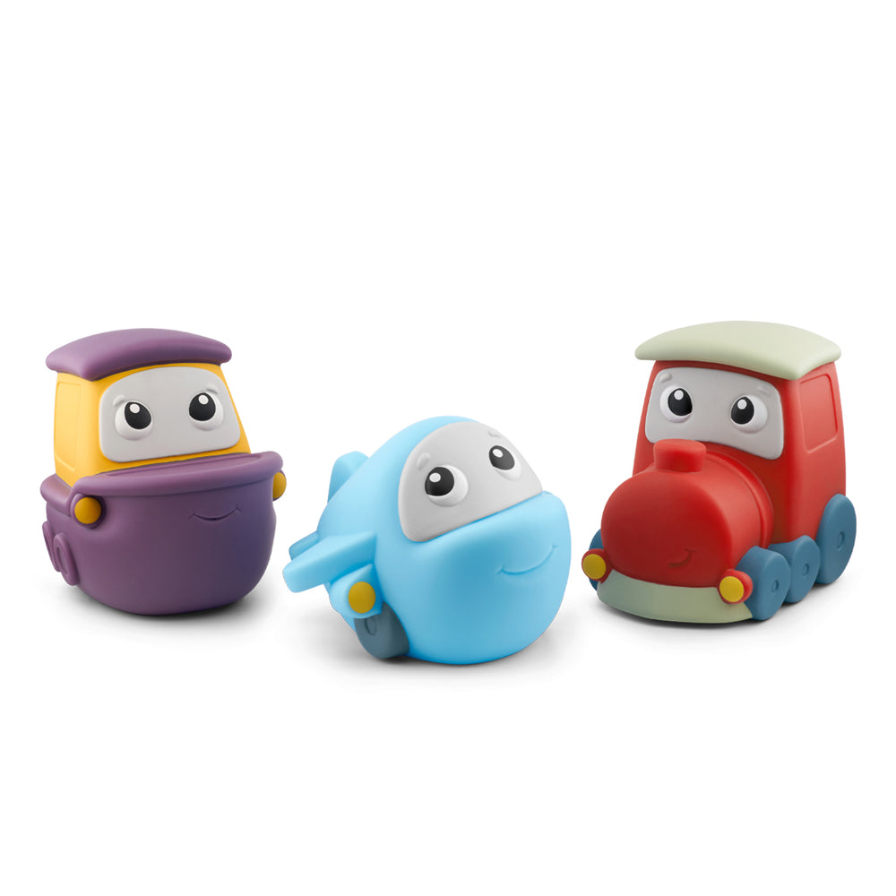Three colorful toy vehicles (boat, airplane, and car) on a white background