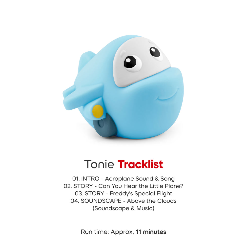 Blue toy with a white face on a white background, featuring a tracklist for Tonie.