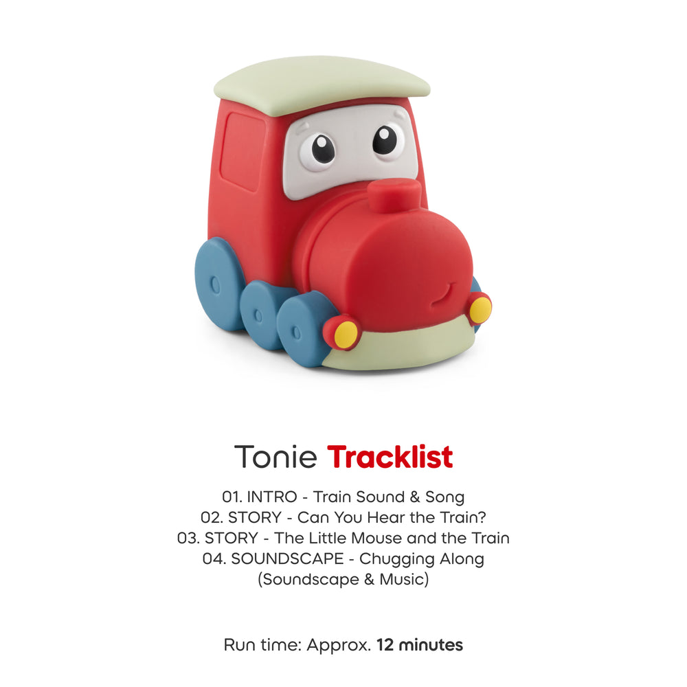 Toy train with a tracklist for Tonie on a white background