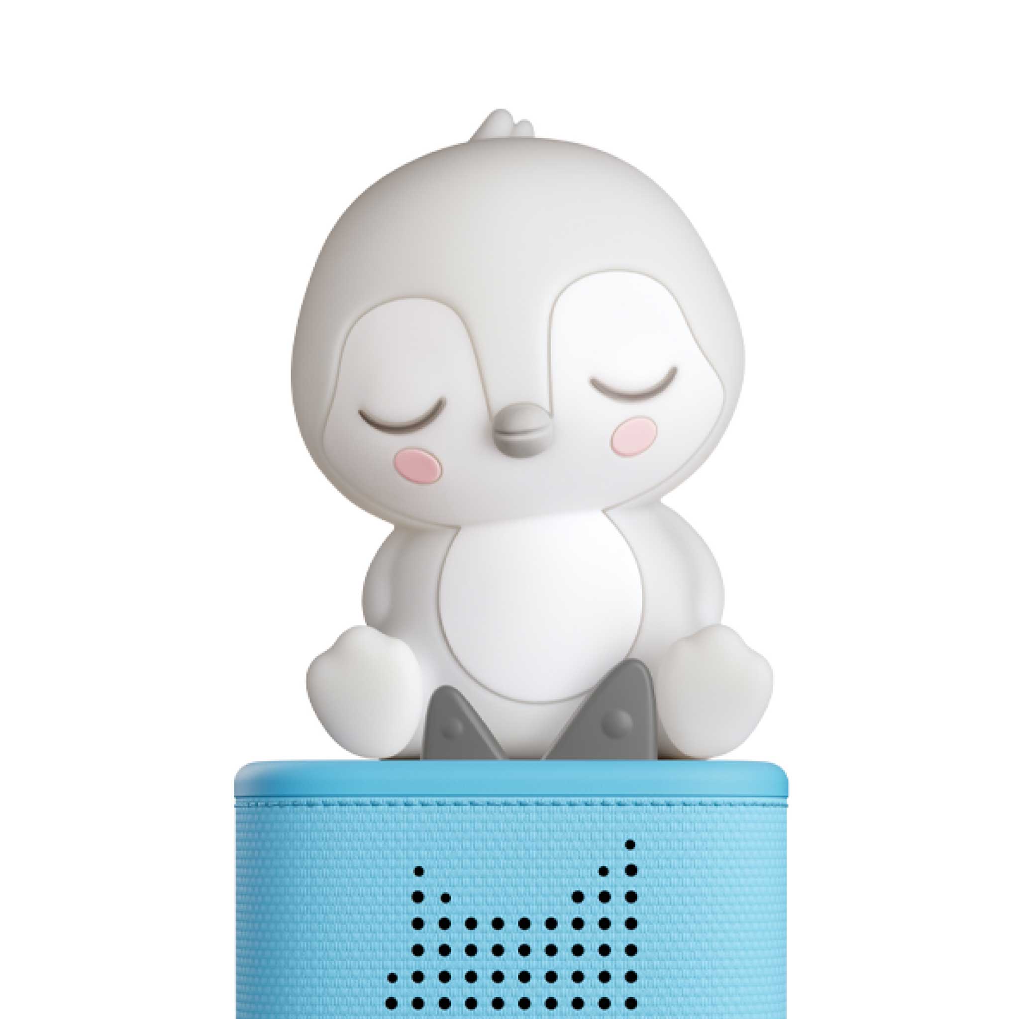 White cartoon-like penguin on a blue rectangular base with speaker holes on a white background