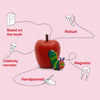 Red apple with a caterpillar toy on a pink background with text about features.