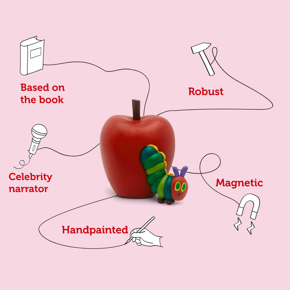 Red apple with a caterpillar toy on a pink background with text about features.