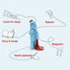Blue toy with features listed on a light blue background