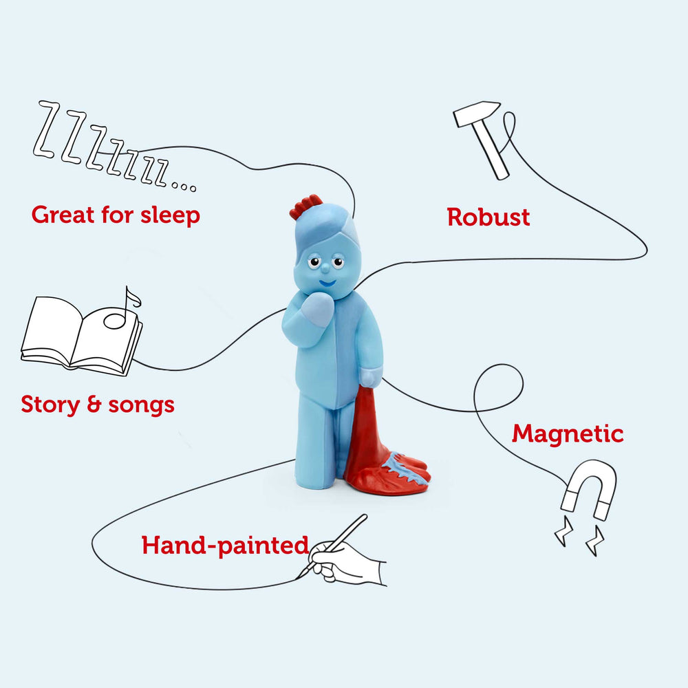 Blue toy with features listed on a light blue background