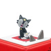 Decorative figurine of a cat with a star hat on a red and white base