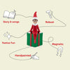 Elf on a box figurine with red and green holiday-themed callout lines and text on a light beige background.