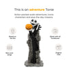 A Halloween-themed audio toy featuring Jack Skellington and Sally on a grey stone tower, with text and icons describing features like action-packed audio adventures, iconic characters, and save-the-day missions.