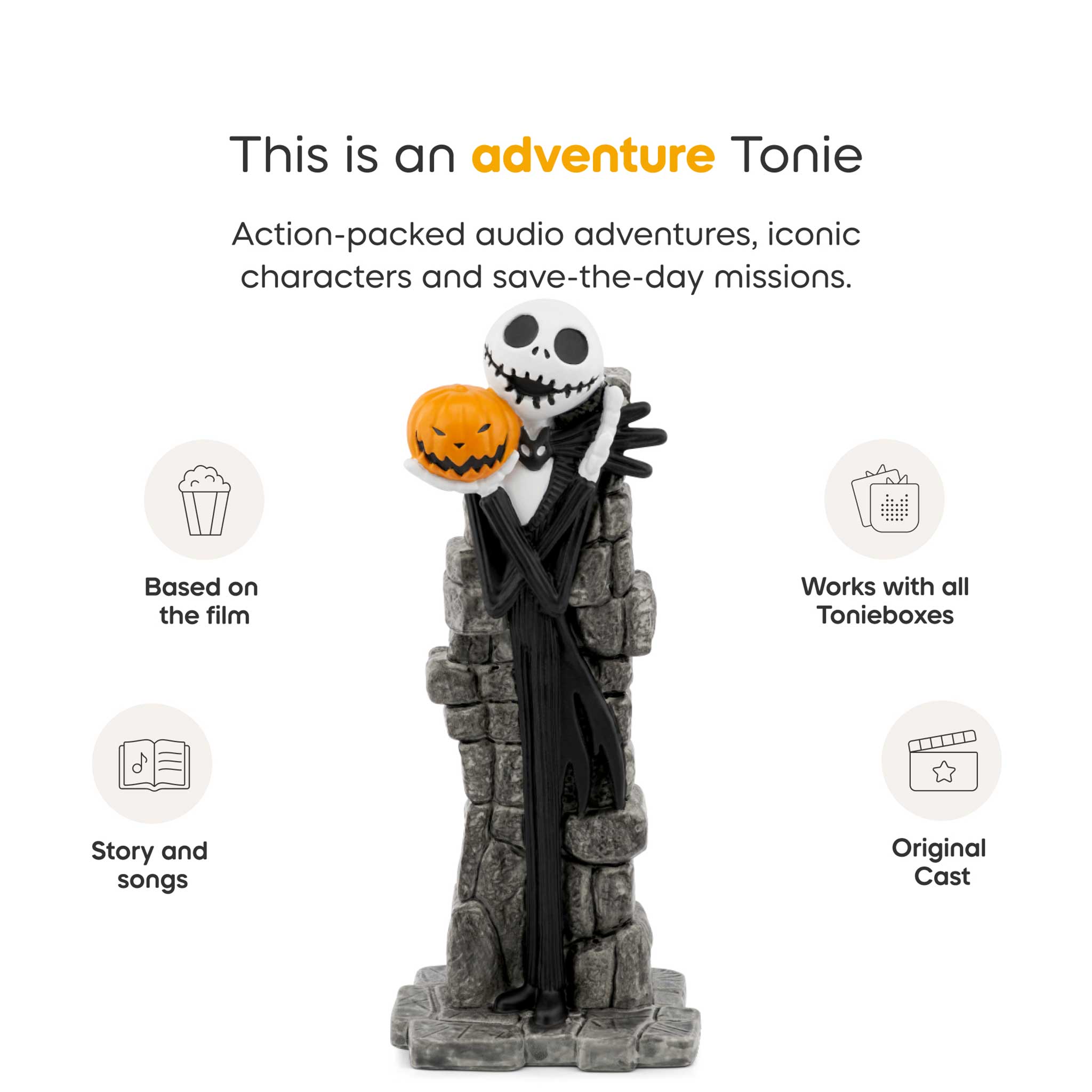 A Halloween-themed audio toy featuring Jack Skellington and Sally on a grey stone tower, with text and icons describing features like action-packed audio adventures, iconic characters, and save-the-day missions.