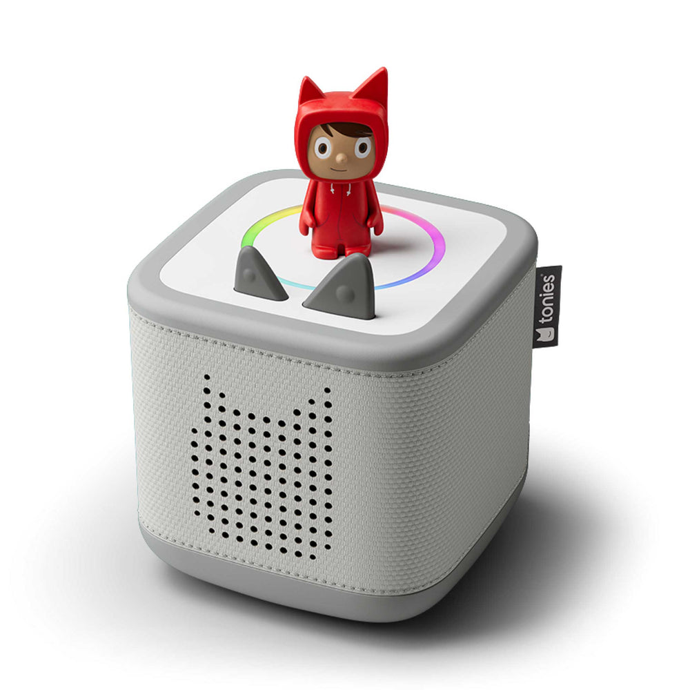 Grey Toniebox 2 with a small figurine on top, featuring the brand 'Tonies' on a white background.