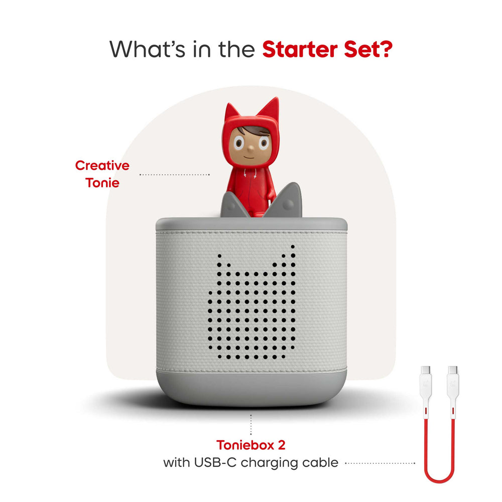 Toniebox 2 with USB-C charging cable and Creative Tonie figure on a white background