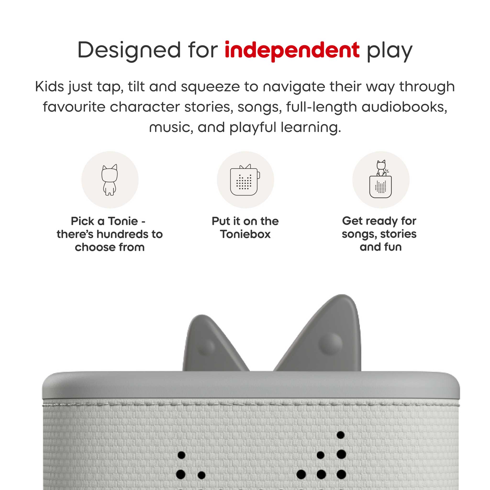 Grey Toniebox 2 and text about independent play on a white background