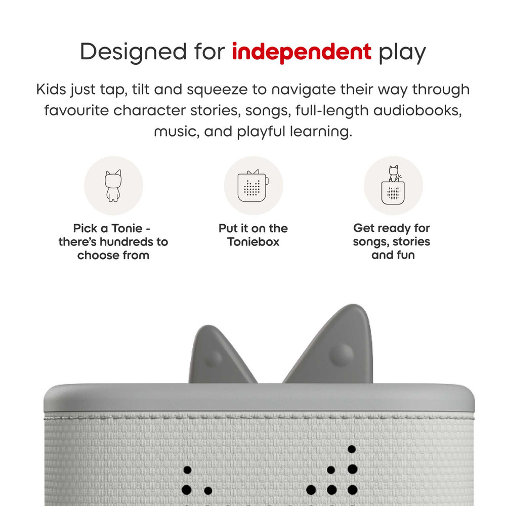 Grey Toniebox 2 and text about independent play on a white background
