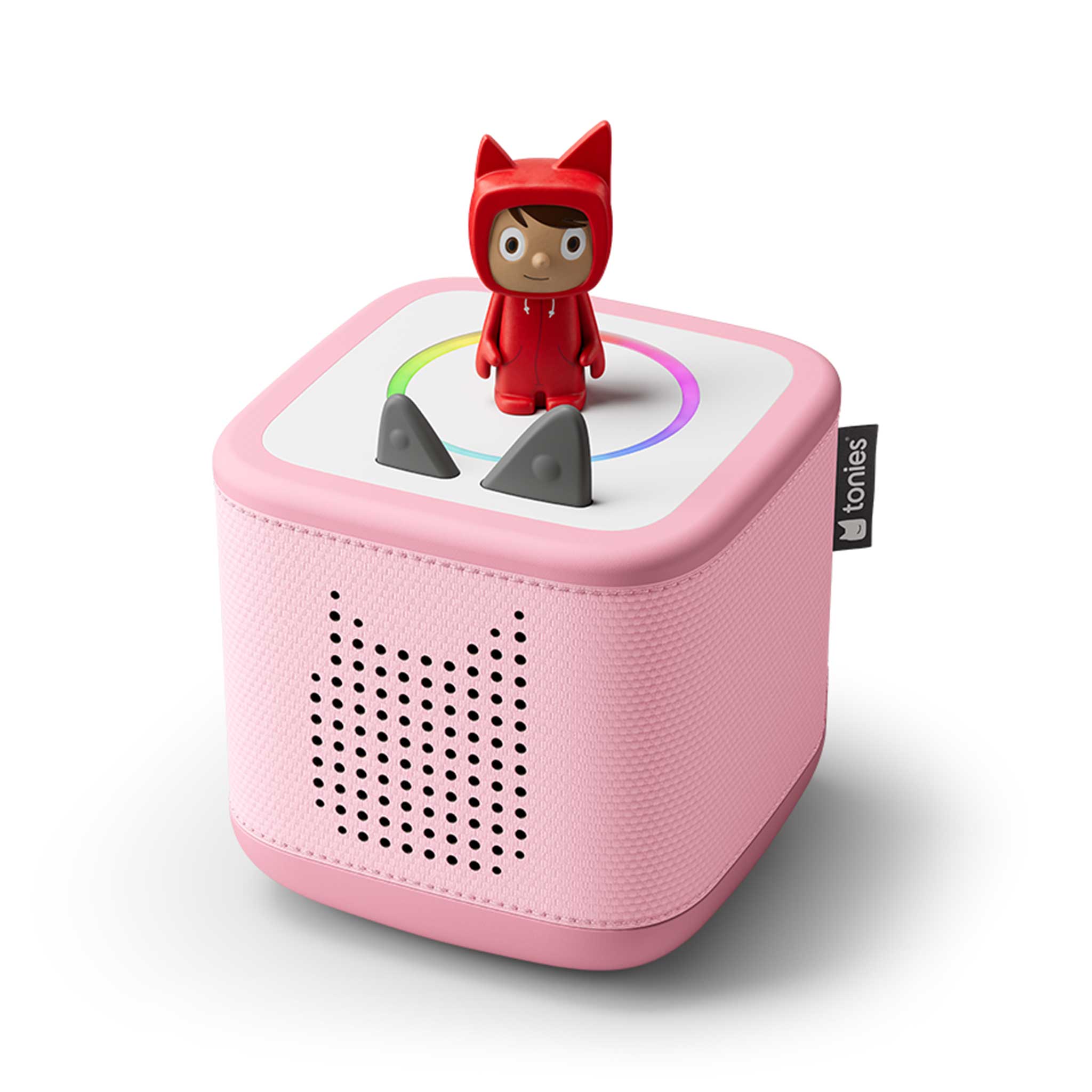 Toniebox 2 with a red Creative Tonie character on top of the box on a white background