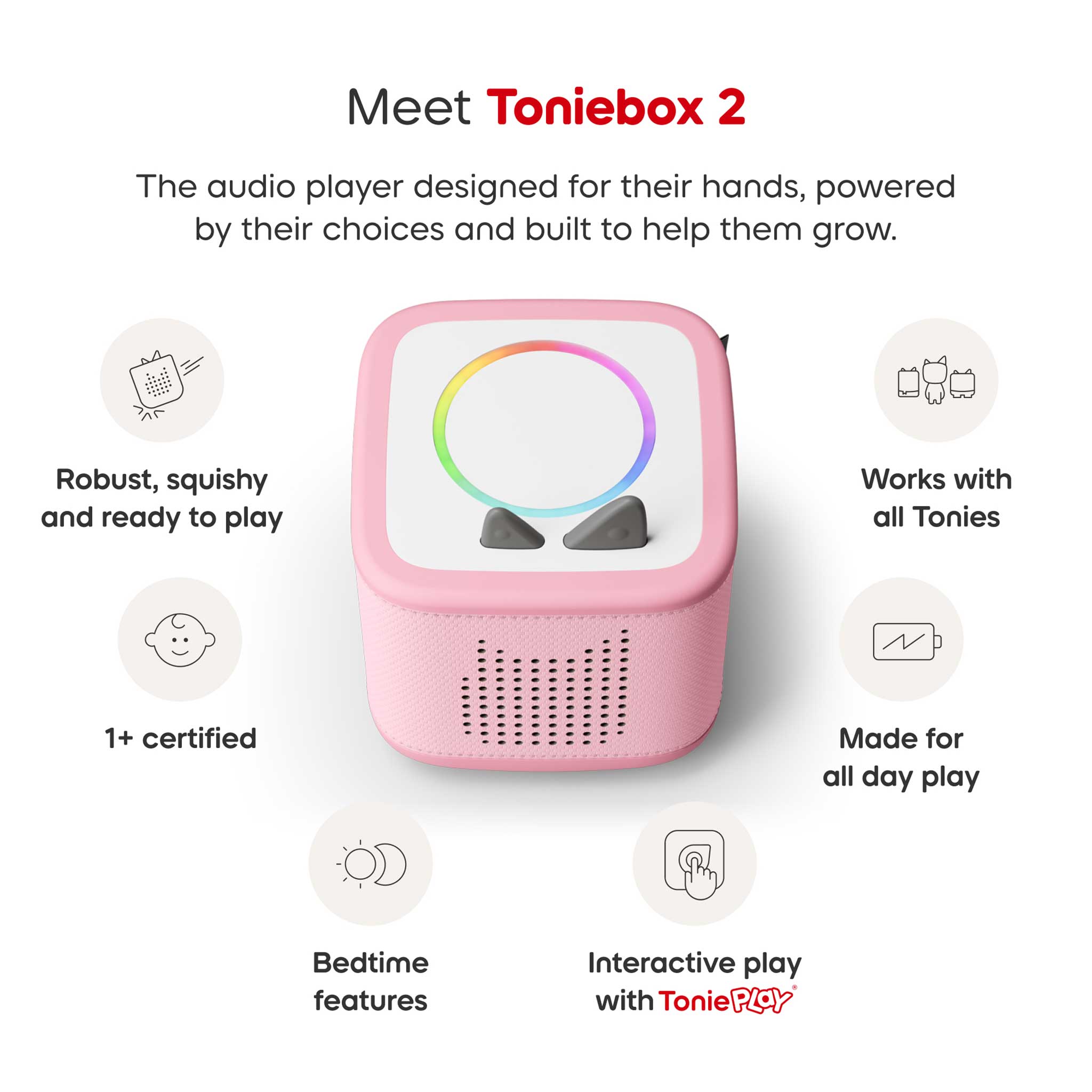 Pink Toniebox 2 audio player with features listed on a white background