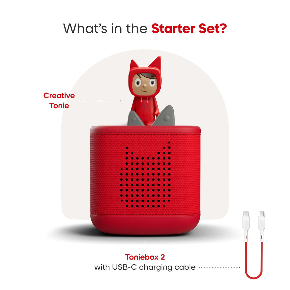 Toniebox 2 with USB-C charging cable and Creative Tonie toy on a white background