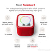 Red Toniebox 2 audio player with features listed on a white background