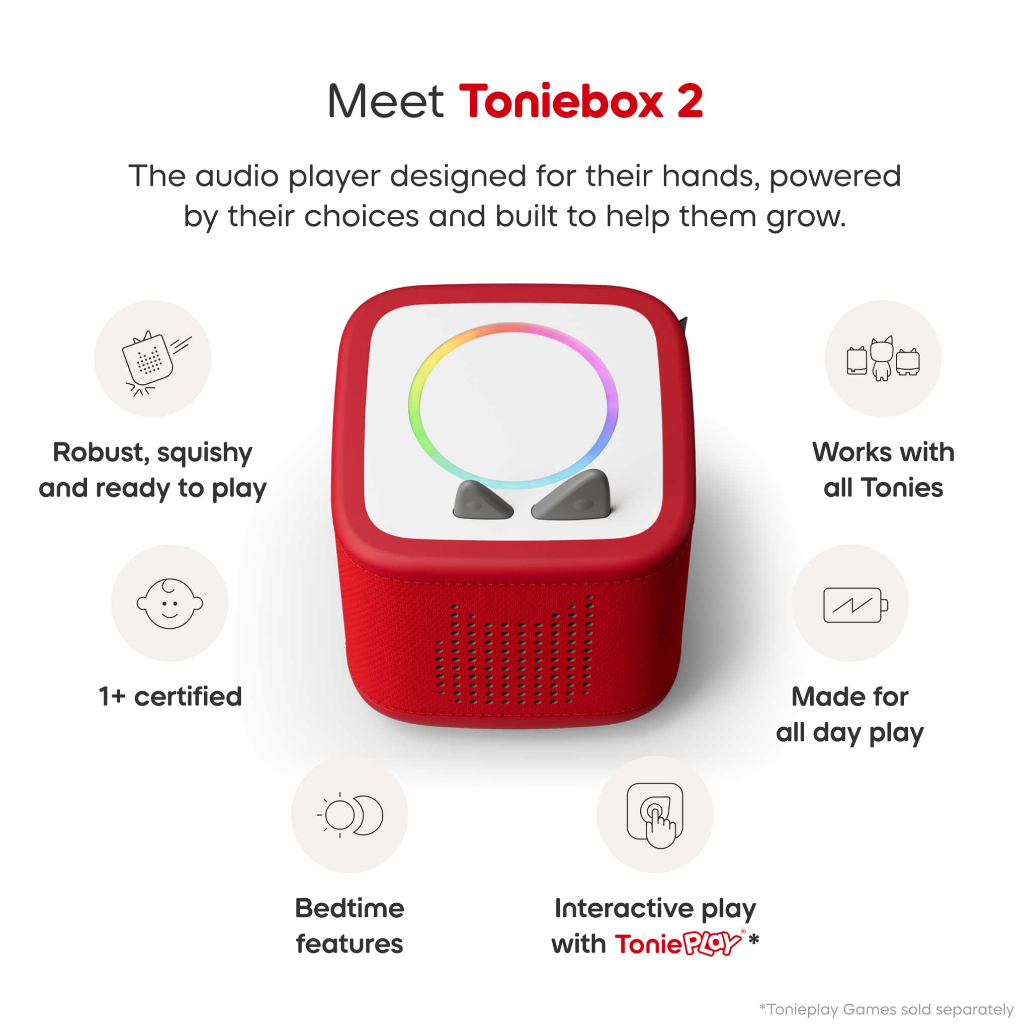 Red Toniebox 2 audio player with features listed on a white background