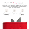 Toniebox 2 with gray accents on a white background, featuring text about independent play and product features.