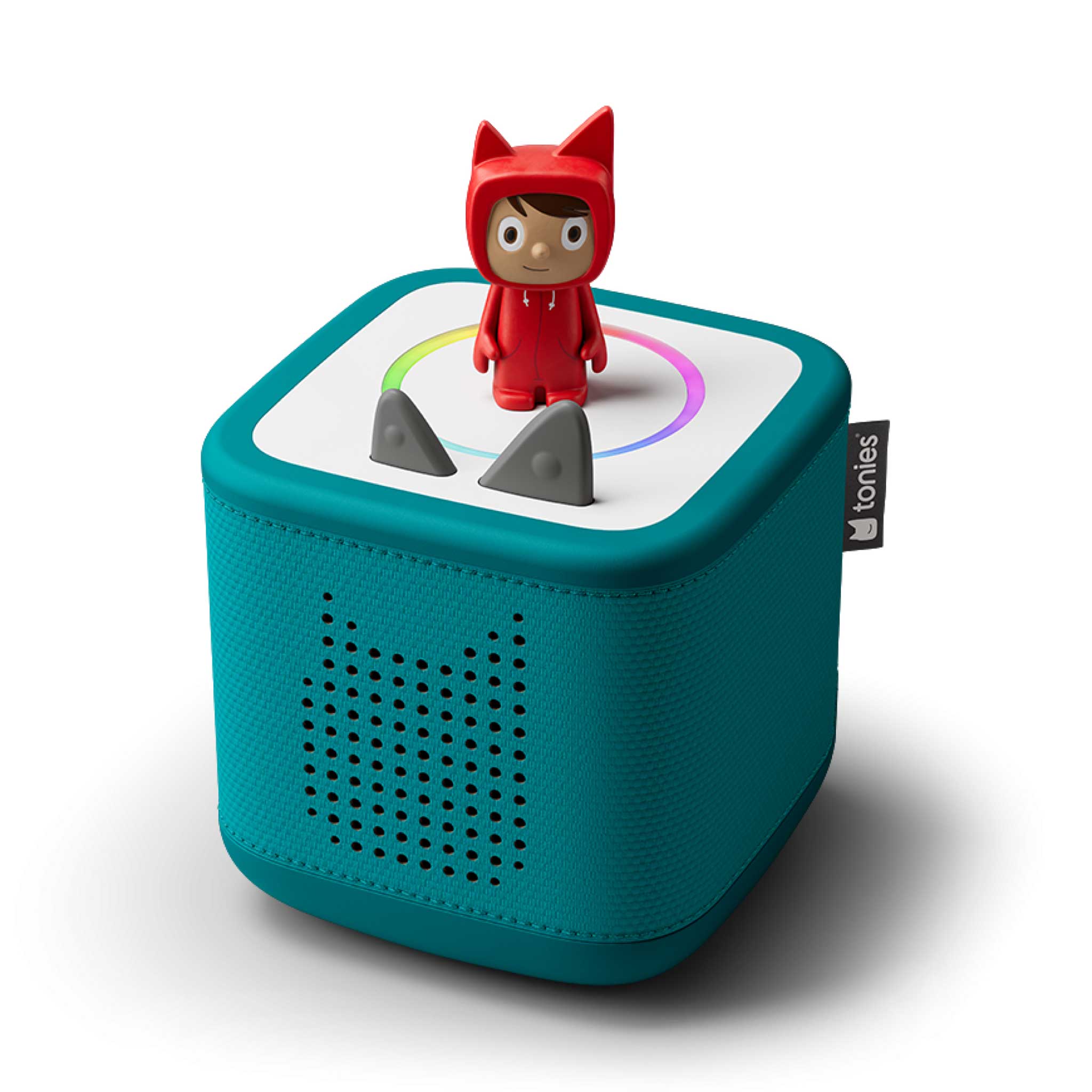 Teal Toniebox 2 with a red hooded figure on a white background