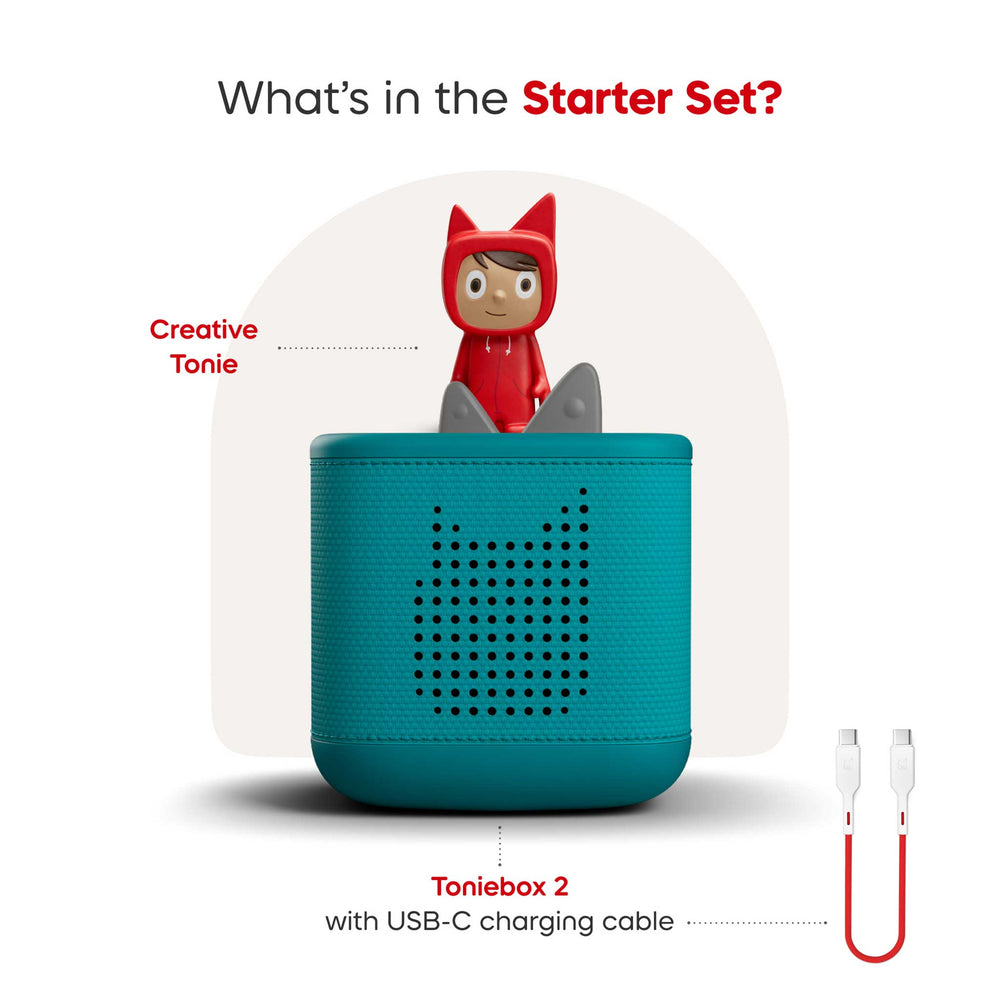 Toniebox 2 with USB-C charging cable and Creative Tonie figure on a white background