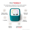 Toniebox 2 audio player with features listed on a white background