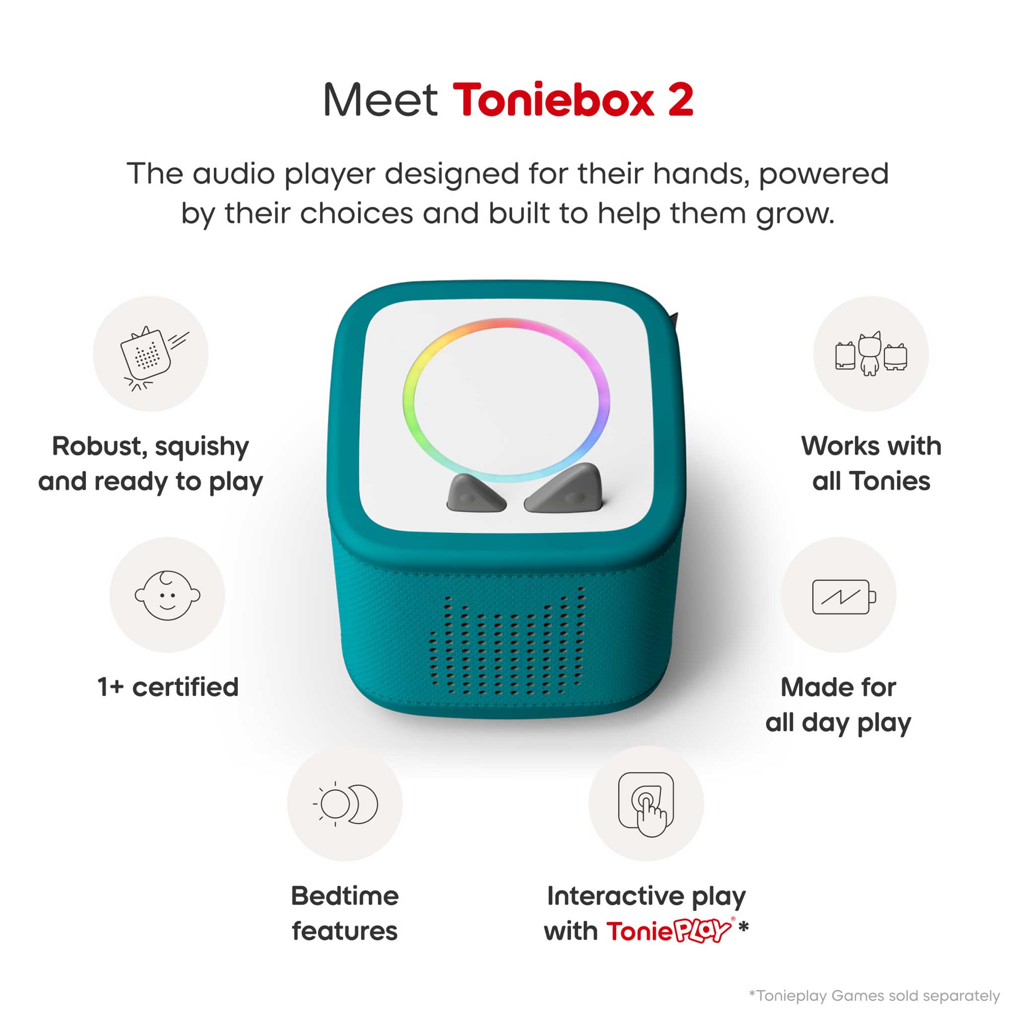 Toniebox 2 audio player with features listed on a white background