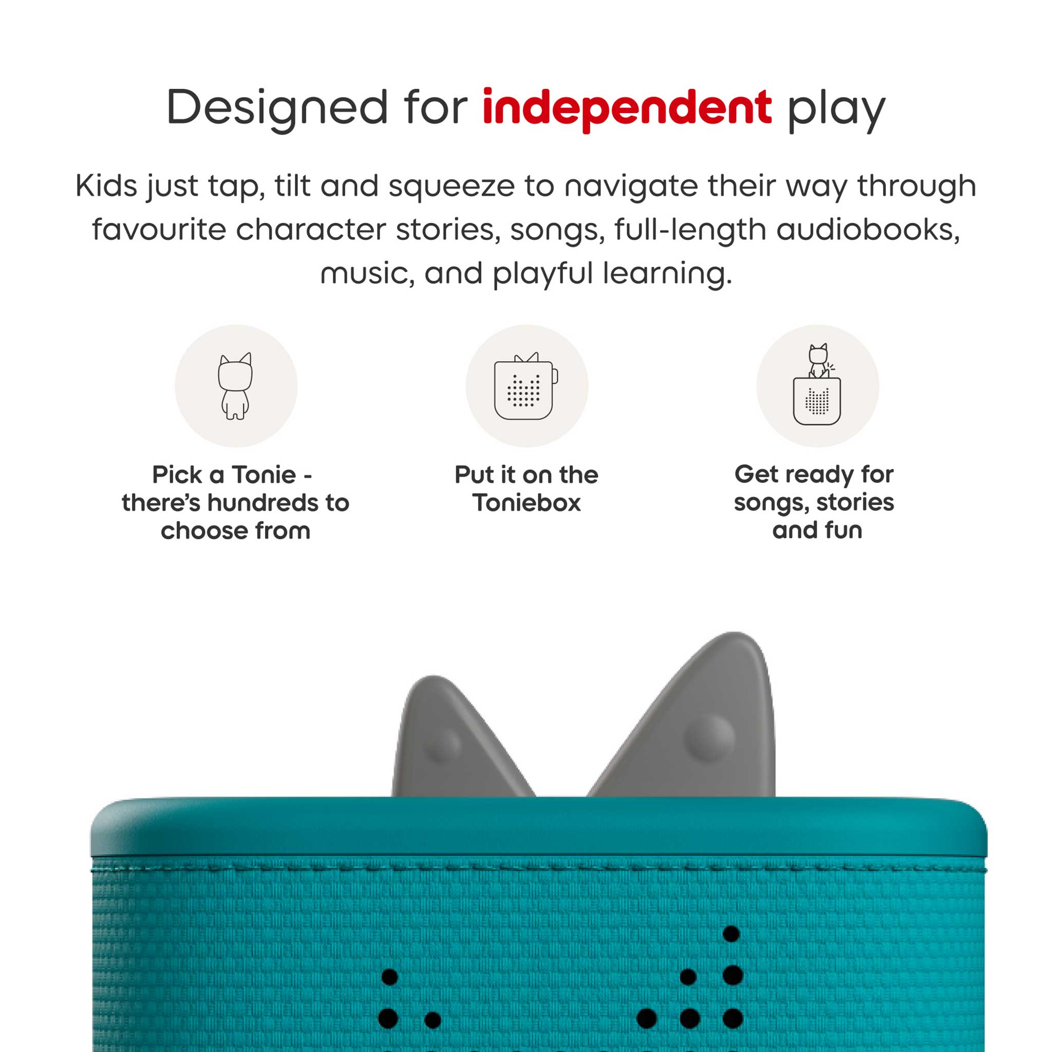 Teal Toniebox 2 with gray accents, designed for independent play, on a white background.
