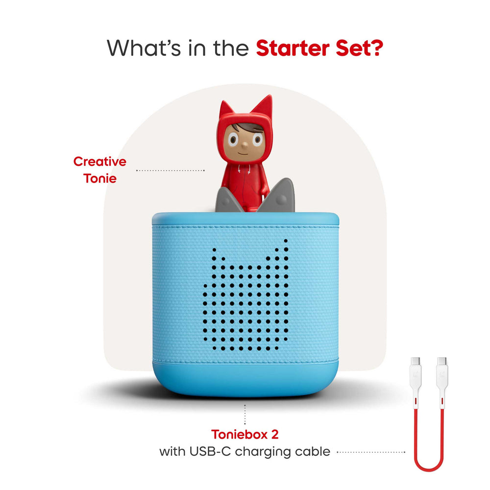 Toniebox 2 with USB-C charging cable and Creative Tonie figure on a white background
