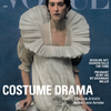 Vogue magazine cover featuring Daisy Edgar-Jones as a costume drama heroine, wearing a voluminous off-white ruffled historical dress against a textured blue background.