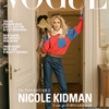 Vogue magazine cover featuring Nicole Kidman standing in a doorway wearing a red and blue long-sleeve top, blue jeans, and tan heels. Large white 'VOGUE' masthead appears at the top, with article text on the left and the headline 'The Indomitable Nicole Kidman' at the bottom.