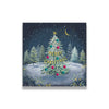 Christmas card with a decorated tree in a snowy forest at night.