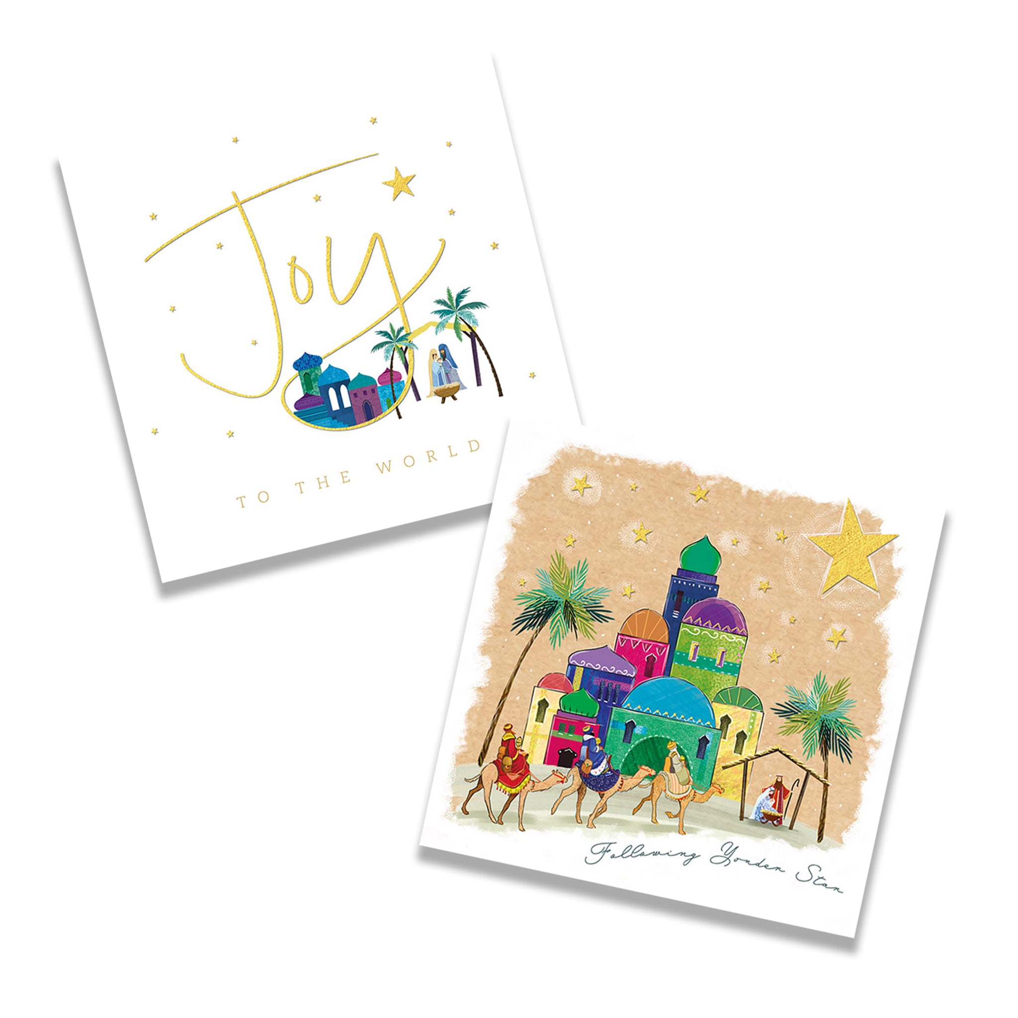Two Christmas cards with festive designs and text on a white background