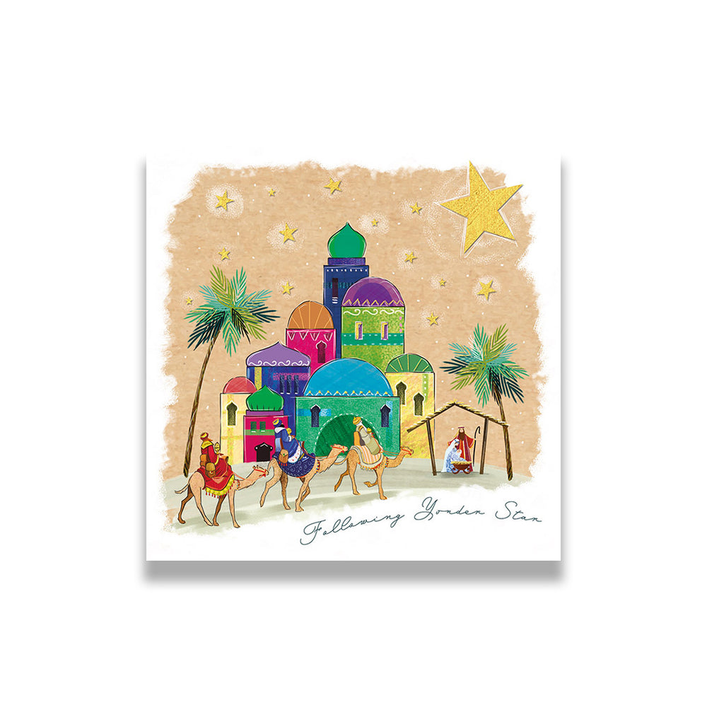 Illustration of a colorful village with palm trees, camels, and people, featuring the text 'Following the Star'.