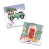 Two Christmas-themed greeting cards with a green truck and a red door scene.