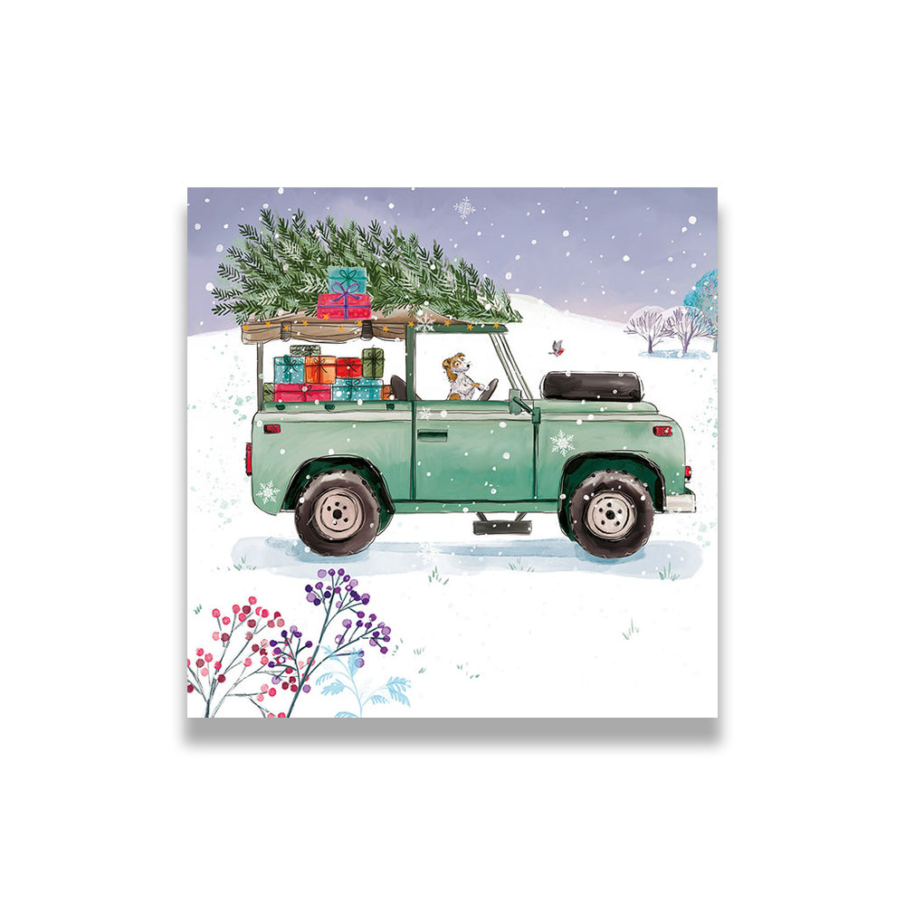 Illustration of a green jeep with Christmas tree and gifts in a snowy landscape