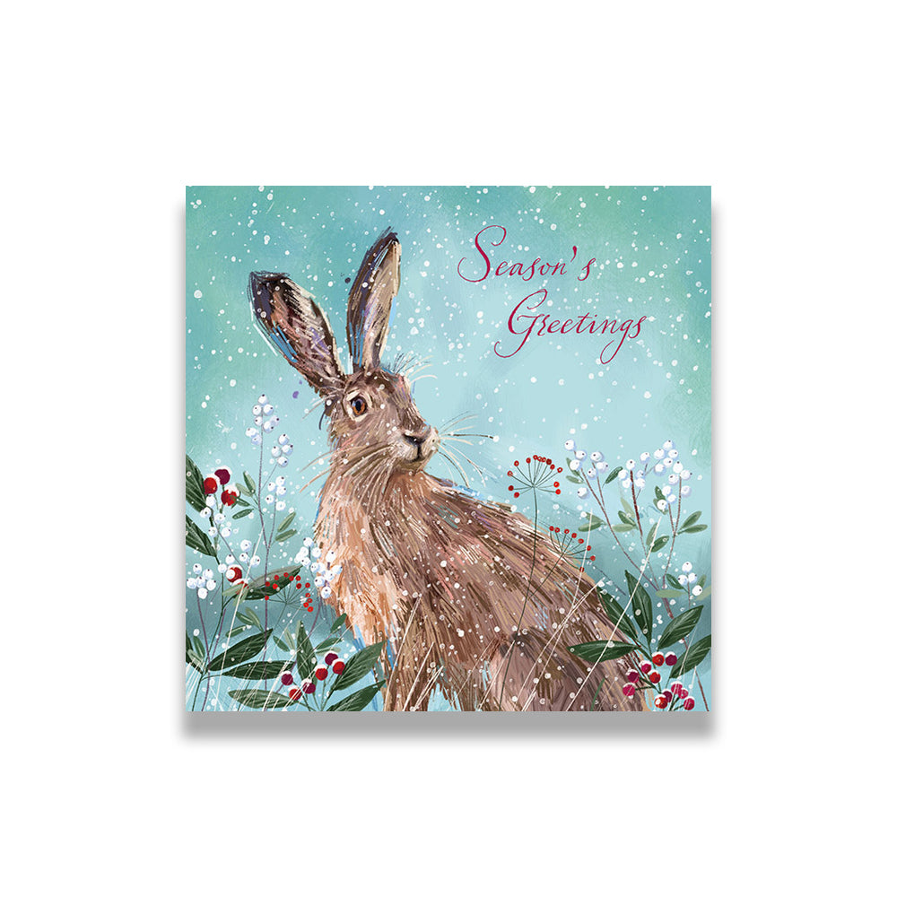 Card with a rabbit illustration and 'Season's Greetings' text on a snowy background