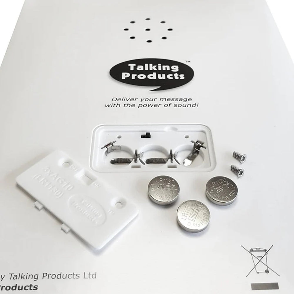 Battery case on recordable card opened up showing the small screws that hold it shut and the three button cell batteries