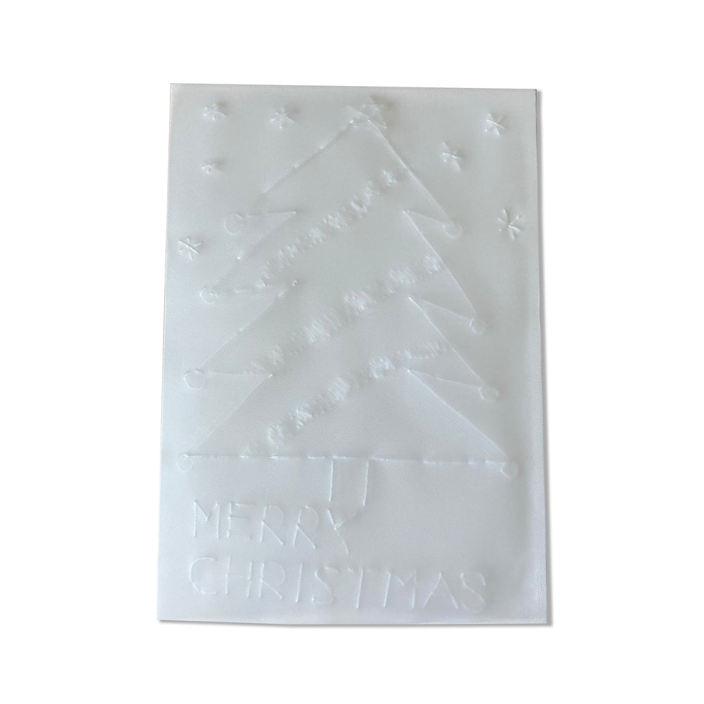 Recordable card with a tactile drawing of a Christmas tree produced on embossing film attached to the front