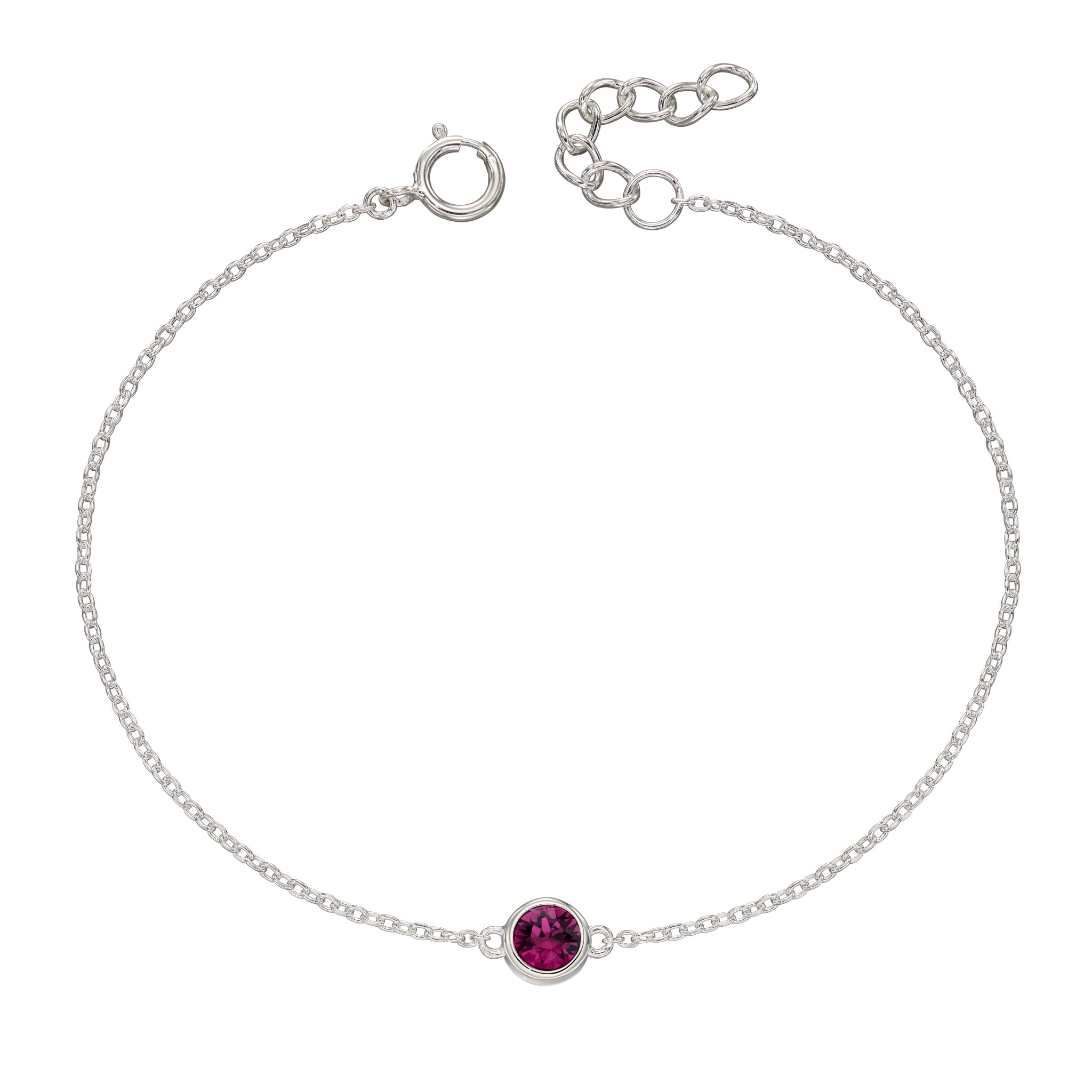 Silver bracelet with crystal birthstone for February.