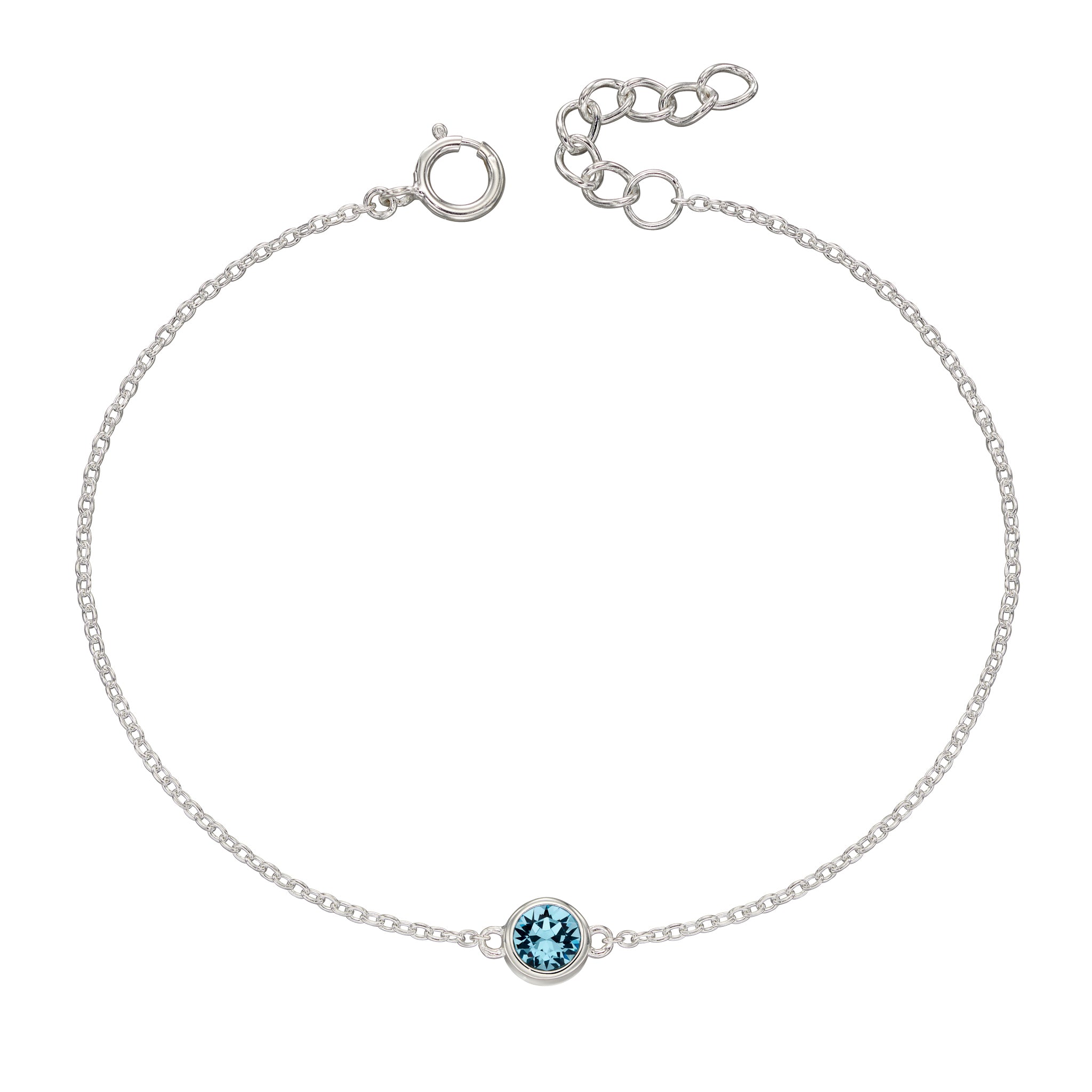 Silver bracelet with crystal birthstone for March.