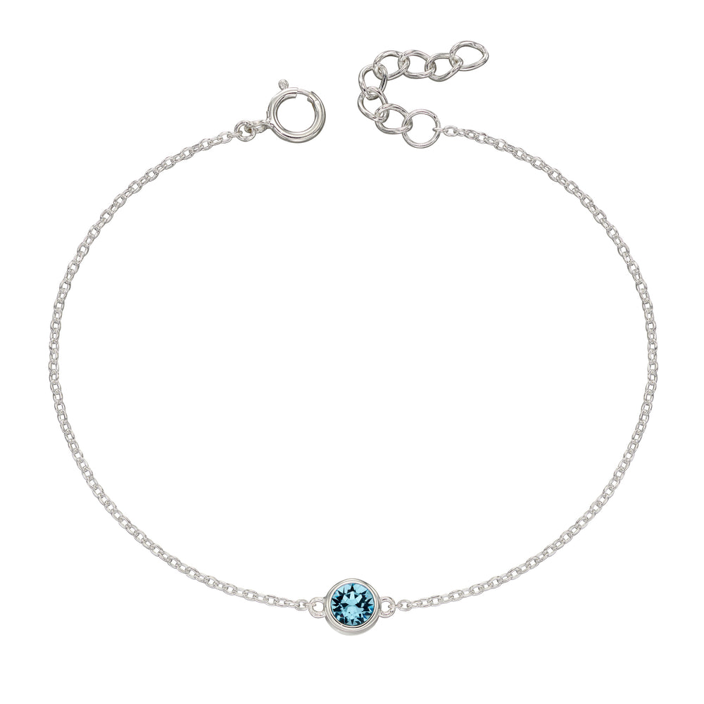 Silver bracelet with crystal birthstone for March.
