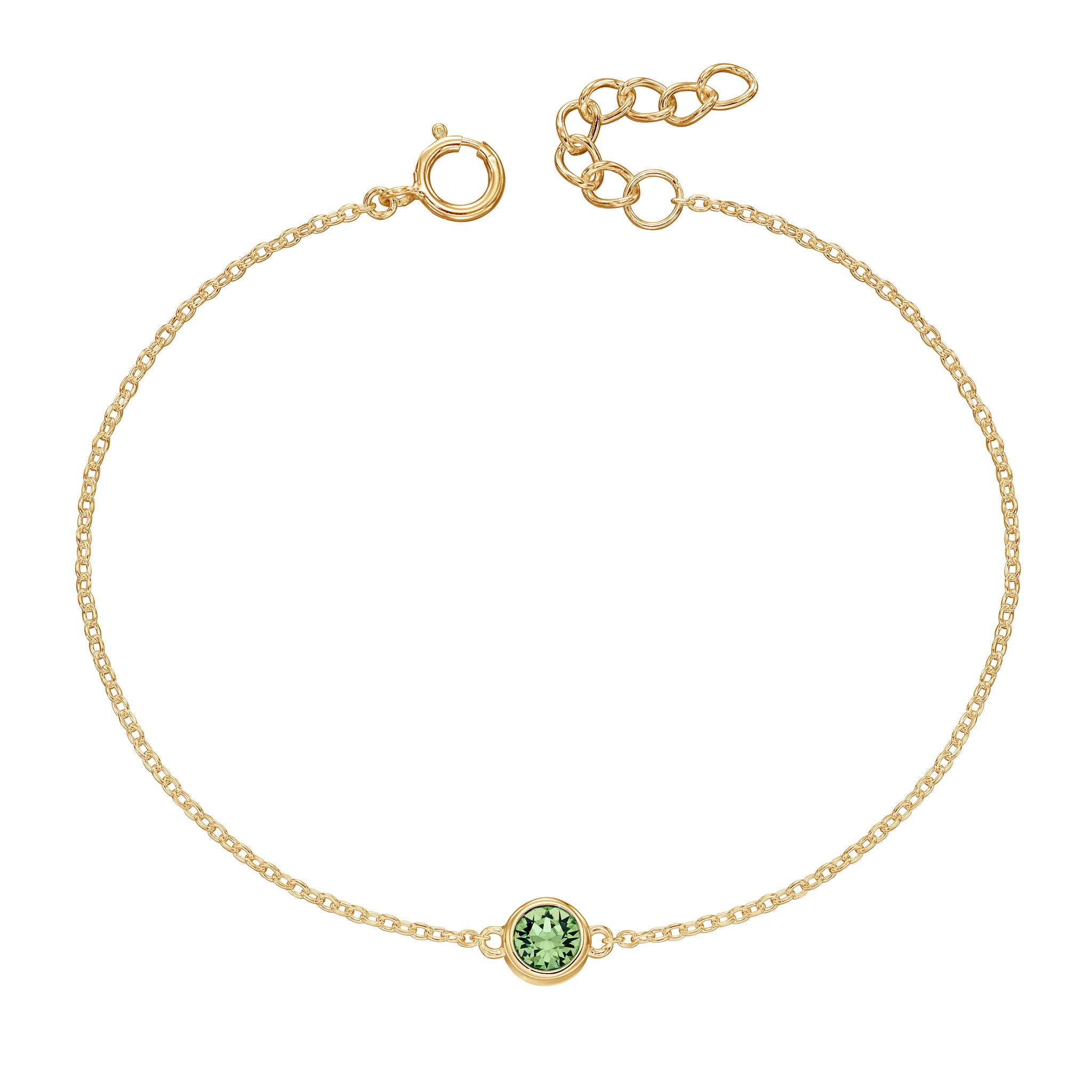 Gold bracelet with crystal birthstone for August.