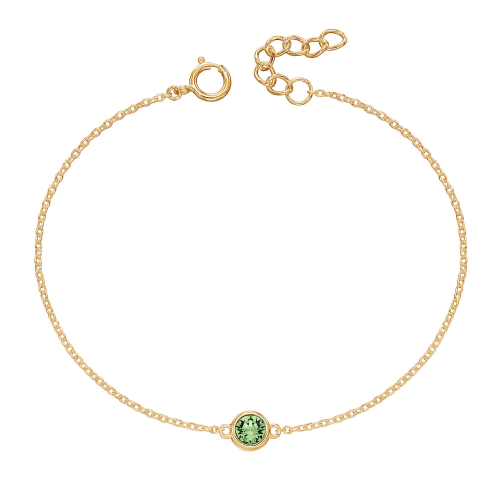 Gold bracelet with crystal birthstone for August.