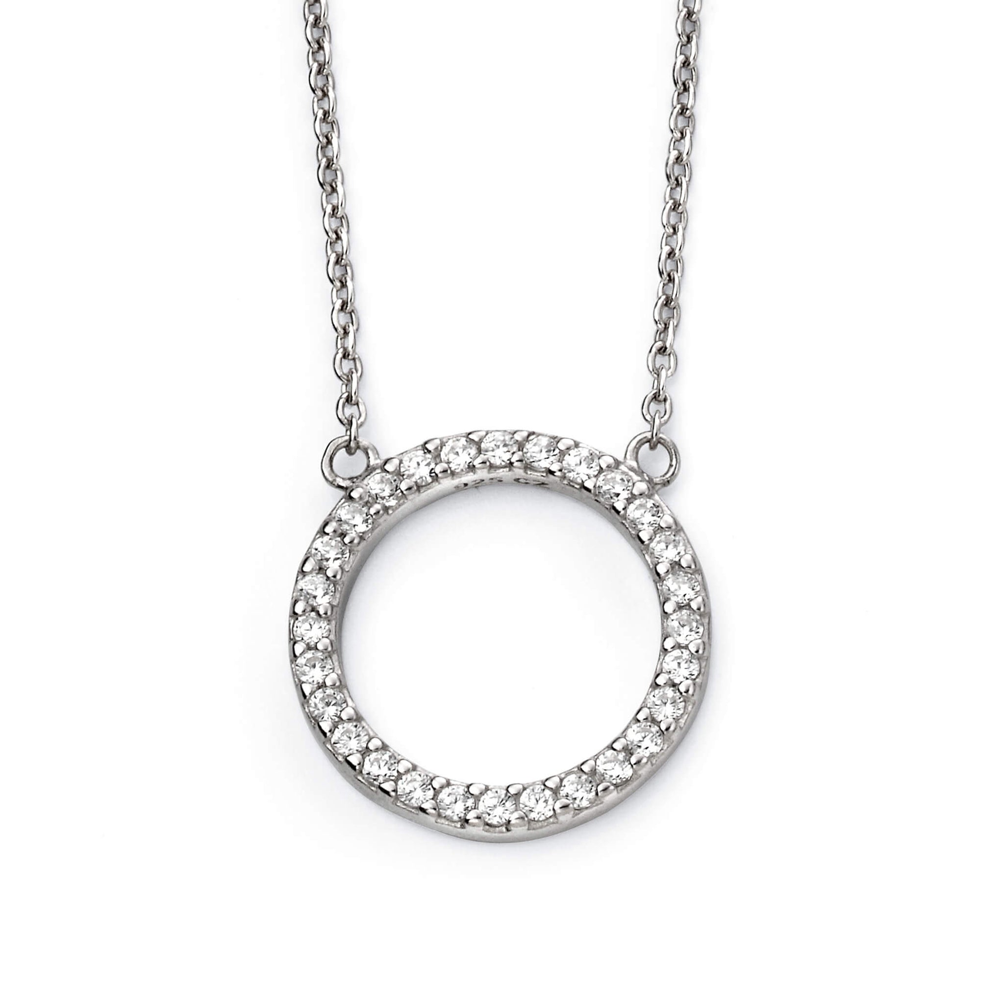 Silver necklace with a round pendant on a white background