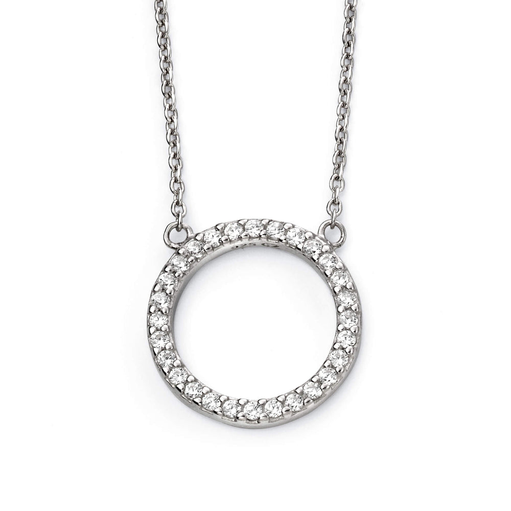 Silver necklace with a round pendant on a white background