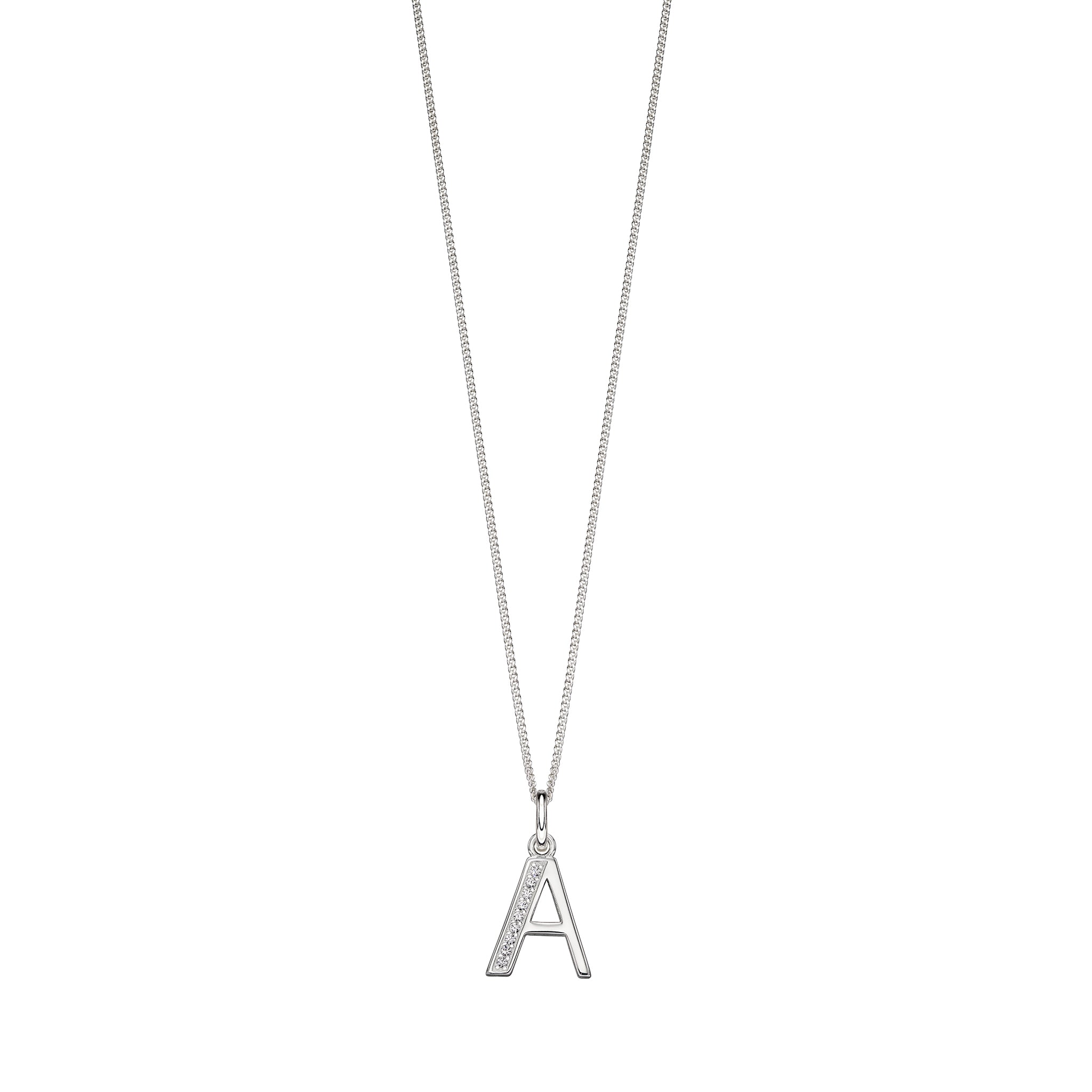 Silver chain with a silver cubic zirconia pendant with the initial A.
