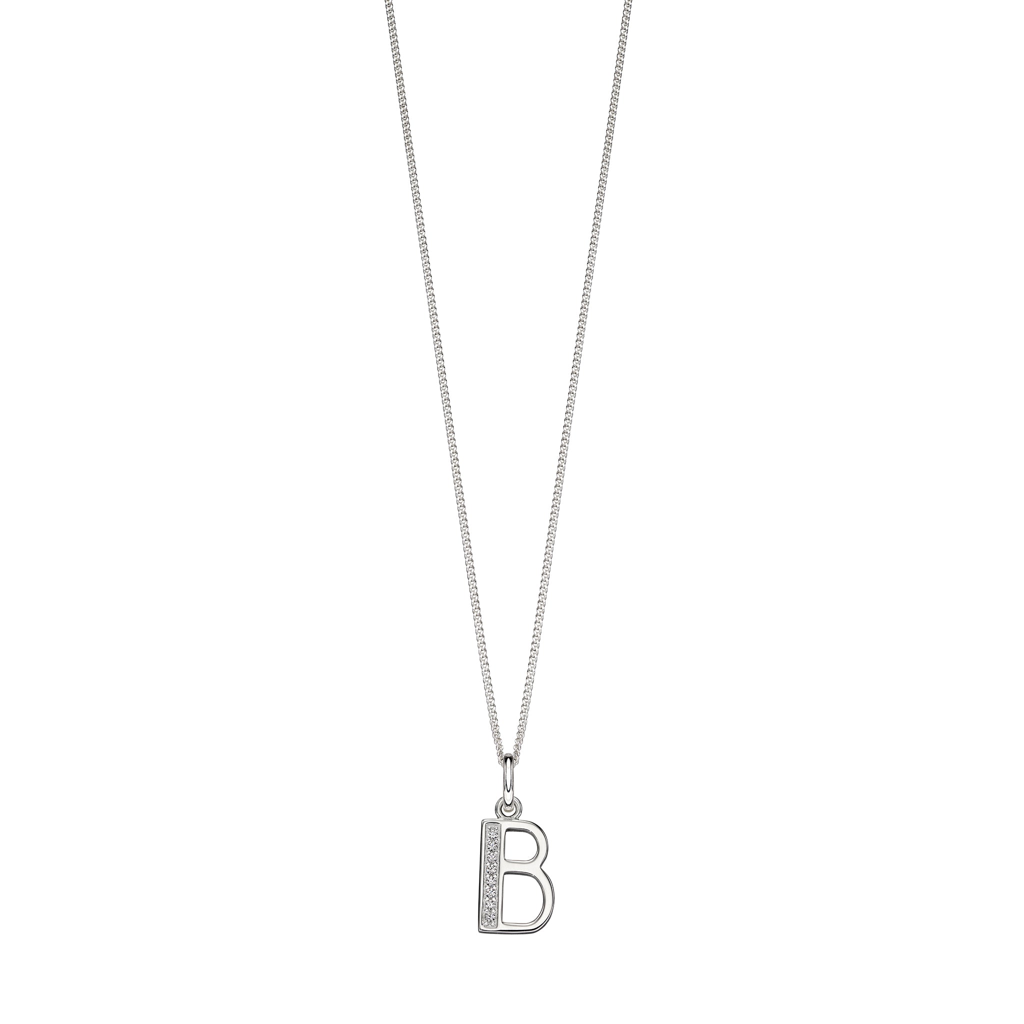 Silver chain with a silver cubic zirconia pendant with the initial B.