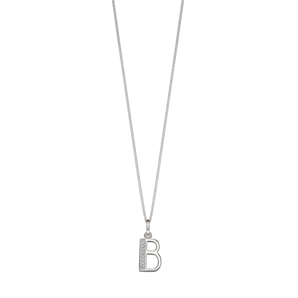Silver chain with a silver cubic zirconia pendant with the initial B.